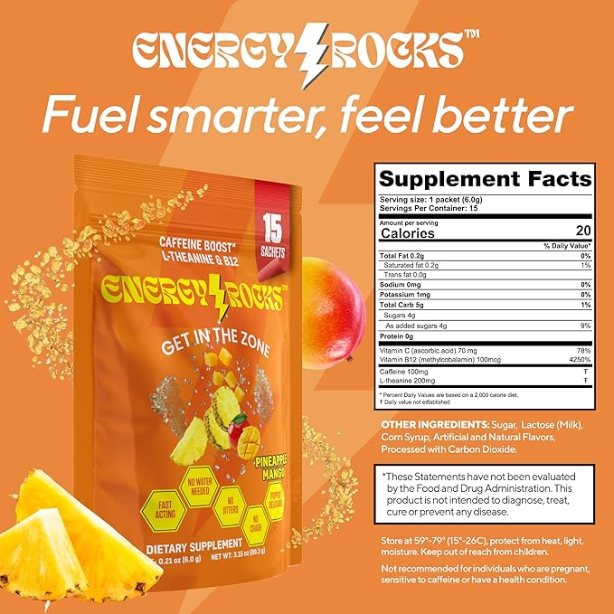 Caffeine Candy - Popping Energy Candy Crystals, 100mg Caffeine, L-Theanine & B12 - Fast Energy, No Drink Needed - Coffee Alternative 15-Pack (Pineapple Mango)