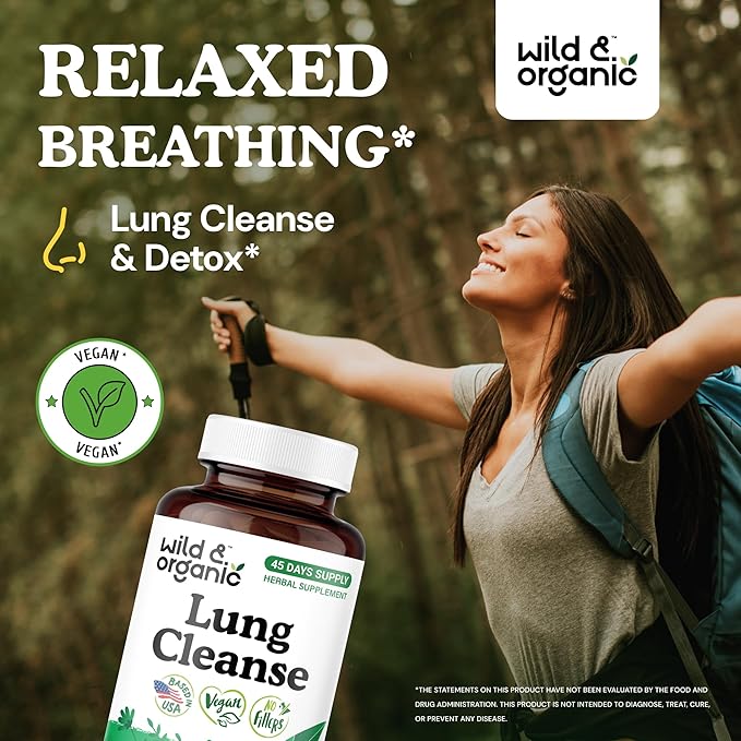 Wild & Organic Lung Cleanse Capsules - Lung Support Supplement with Mullein Leaf, Stinging Nettle, Angelica & Korean Panax Ginseng Powder - Vegan, No Fillers, Non-GMO - 90 Count