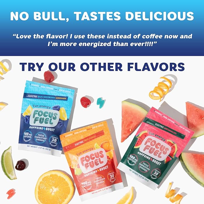 FocusFuel Energy Chews – Trial Size Variety Sample Pack (9 Servings) – 100mg Caffeine + Alpha GPC + L-Theanine + B12, Magnesium – Peach, Green Apple, Strawberry Lemonade Flavors – No Crash or Jitters