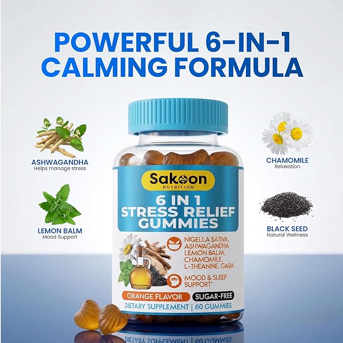6-in-1 Stress Relief Gummies 60ct - Aids Relaxation with Ashwagandha, GABA, L-theanine, Lemon Balm, Chamomile, Black Cumin Seed Nigella Sativa. Improved Deep Sleep, Joint Support - 60 gummies