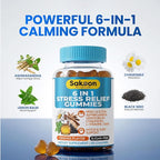 6-in-1 Stress Relief Gummies 60ct - Aids Relaxation with Ashwagandha, GABA, L-theanine, Lemon Balm, Chamomile, Black Cumin Seed Nigella Sativa. Improved Deep Sleep, Joint Support - 60 gummies