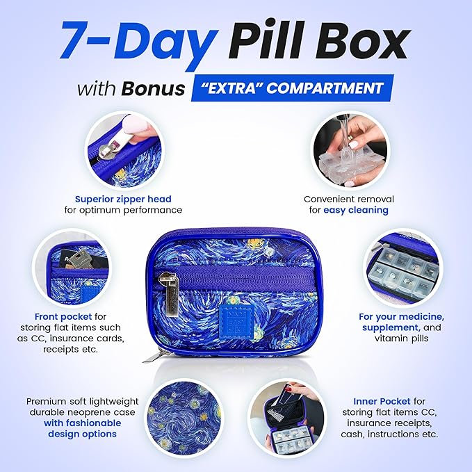 Made Easy Kit Pill Case for Everyday and Travel - 7-Day Weekly Medicine Supplement Vitamin Organizer Sorter Tracker - Neoprene Bag with Pockets - Compact Portable 8 Compartments (Blue Starry Night)