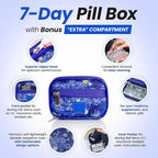 Made Easy Kit Pill Case for Everyday and Travel - 7-Day Weekly Medicine Supplement Vitamin Organizer Sorter Tracker - Neoprene Bag with Pockets - Compact Portable 8 Compartments (Blue Starry Night)