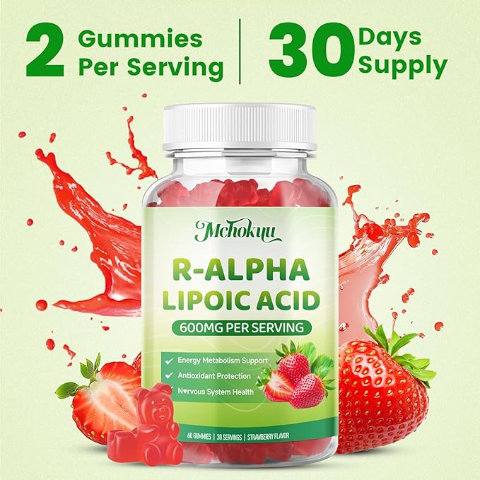 R Alpha Lipoic Acid 600mg Gummies, Stabilized R-Alpha Lipoic Acid, ALA Supplement for Nerve Health, Antioxidant & Metabolism Support- Vegan, Non-GMO, Gluten Free, Strawberry Flavor - 120 Count