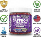 AuraZen Mood Support Saffron Gummies L-Theanine Ashwagandha Rhodiola St John's Wort Lions Mane GABA Vitamin D Magnesium Supplement | Calm Vegan Plant-Based Herbal Gummy By Clean Nutra
