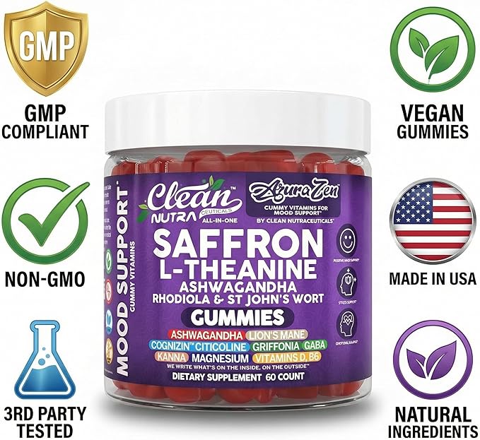 AuraZen Mood Support Saffron Gummies L-Theanine Ashwagandha Rhodiola St John's Wort Lions Mane GABA Vitamin D Magnesium Supplement | Calm Vegan Plant-Based Herbal Gummy By Clean Nutra