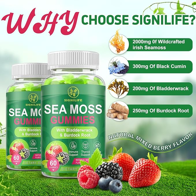 Organic Sea Moss Gummies,with Black Seed Oil,Bladderwrack,Burdock Root, Vegan Irish Sea Moss Gummy Vitamins for Immune, Thyroid and Detox Support, Gluten-Free - 120 Gummies