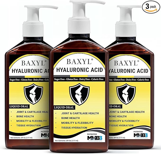 BAXYL Liquid Hyaluronic Acid Supplement - Natural Citric Acid, Potassium Sorbate Ingredients Formulated Flavorless Syrup - Provide Healthy Cartilage & Bone Formation - 3 Bottles of 6 Fl Oz