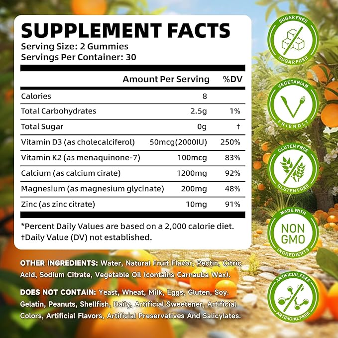 Calcium Citrate Gummies 1200 mg with Vitamin D3, K2, Magnesium, Zinc, Bone Support for Bones, Muscles & Joints,Immunity & Memory Support, 120 Count