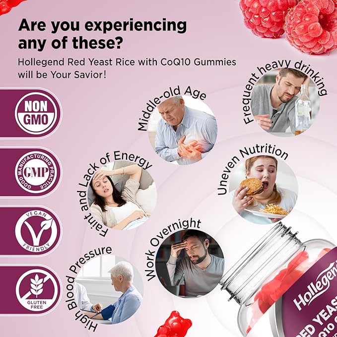 Hollgend Red Yeast Rice with Coq10 Gummies Sugar Free, Organic Red Yeast Rice 2400mg for Cholesterol Lowering Supplements, Enhanced with Coenzyme Q10 200mg for Heart Health Support, 60 Chewables