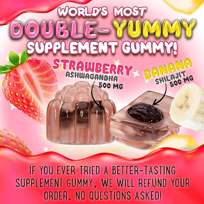 OH MY CHEWY Pure Himalayan Shilajit Gummies - High Potency Gold Grade Resin - Energy Boost and Immune Support for Men and Women with Ashwagandha and Shatavari - 120 Gummy - Strawberry & Banana