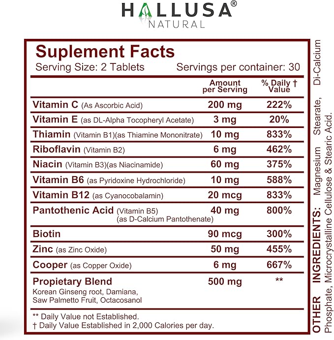 "N/A" HALLVIGOR Men’s Daily Multivitamin – Korean Ginseng, Damiana, Saw Palmetto, Biotin, B Complex, Zinc, Royal Jelly – 60 Capsules – Hallusa Natural