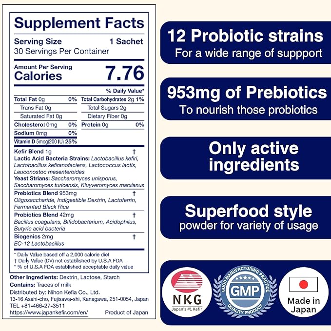 Pro Mix Kefir Probiotic Supplement with 12 Strains + Prebiotics for Gut & Immune Health | Travel-Friendly Powder Packs (30ct).