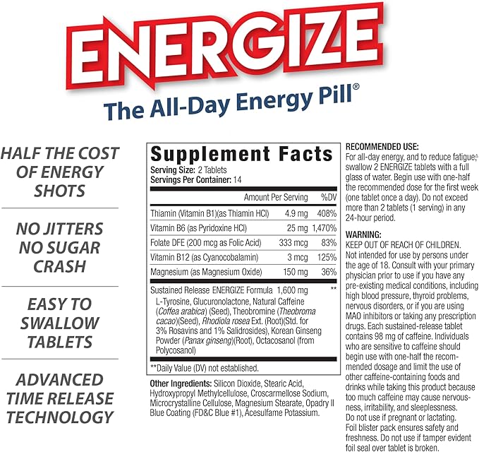 Energize Caffeine Pills - Fast Acting Energy Pill - Healthy Focus Brain Supplement - Improved Performance, Alertness, and Clarity - All Day Energy, No Jitters, No Crash - 28 Time Released Tablets