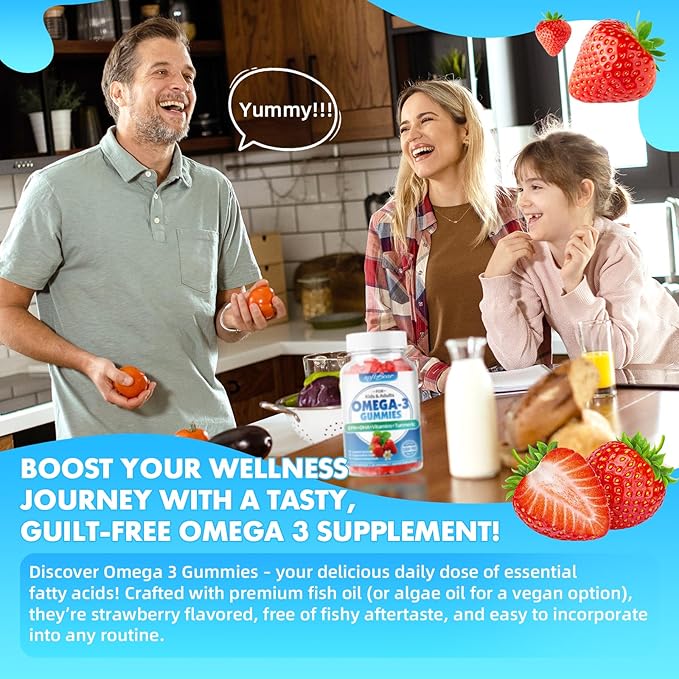 softbear Omega 3 Gummies for Women & Men & Kids Omega 3 Supplements 1200mg Vegan Omega 3 Fatty Acids DHA EPA with Vitamins Support Eye & Brain Health, Sugar Free, Strawberry Flavor 120 Count
