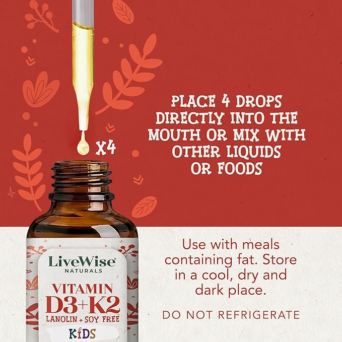 Live Wise Naturals Vitamin D3 K2 Kids Liquid Drops - 112 Servings, Ultra Concentrated Formulation, Fast Absorption 800 IU & 35 MCG for Calcium & Bone Support - Daily Nutritional Support Parents Trust