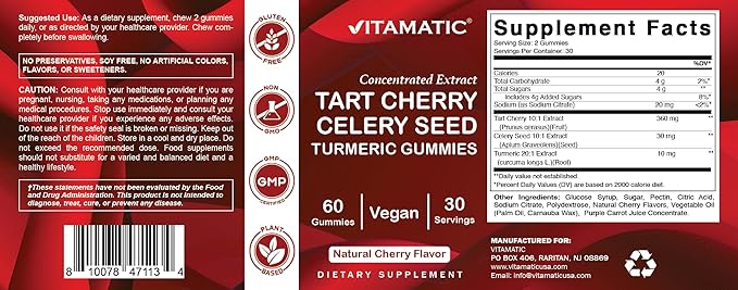 Vitamatic Tart Cherry 360mg & Celery Seed 30mg Gummies – Botanical Herbal Supplement – Vegan, Non-GMO, Gluten Free – 60 Gummies – Concentrated Plant Extract - 2 Pack