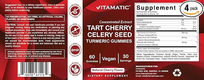 Vitamatic Tart Cherry 360mg & Celery Seed 30mg Gummies – Botanical Herbal Supplement – Vegan, Non-GMO, Gluten Free – 60 Gummies – Concentrated Plant Extract - 2 Pack