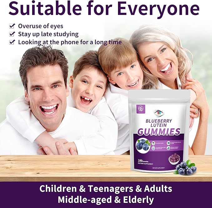 Hudetex Blueberry Lutein Eye Vitamins Gummies with 180 Count - 3 Month Supply, Vegan Eye Health Supplement for Kids and Adult, Lutein Gummies for Vision Clarity and Blue Light Support