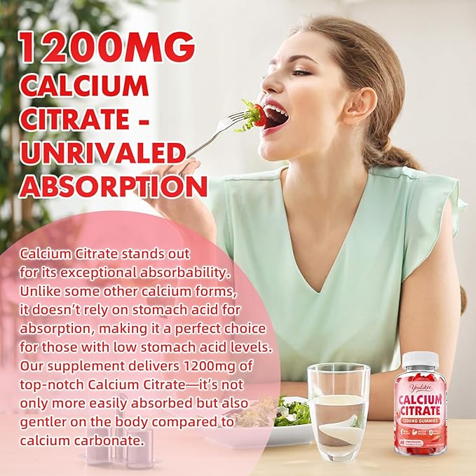 Calcium Citrate Gummies 1200 mg, Calcium Supplement for Women & Men, Ultimate Absorption Calcium Gummies for Bone, Muscle & Immune Support, Strawberry Flavor, 60 Count