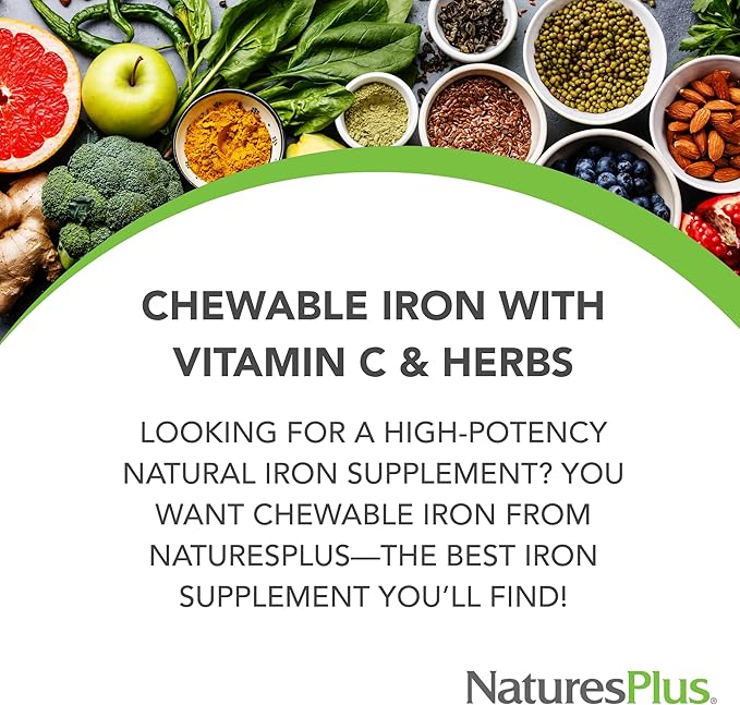 NaturesPlus Chewable Iron, Cherry - 90 Tablets - Supports Natural Energy Production - High-Potency Supplement with Vitamin C & Herbs - 90 Servings