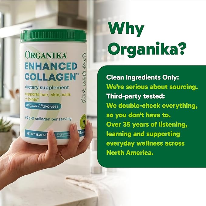Organika Collagen Powder - for Healthy Hair, Skin, Nails, and Joints. Hydrolyzed Protein Peptides for Better Absorption- Grass-Fed, Non-GMO- Unflavoured- 2.2lbs