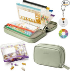 Weekly Pill Organizer,Vegan Leather Travel Medicine Bag - Pill Container with 7 Color-Coded Resuable Waterproof Pills Pouches, Dual-Sided Labeling Design & Reminder Spinner for Vitamins, Supplements