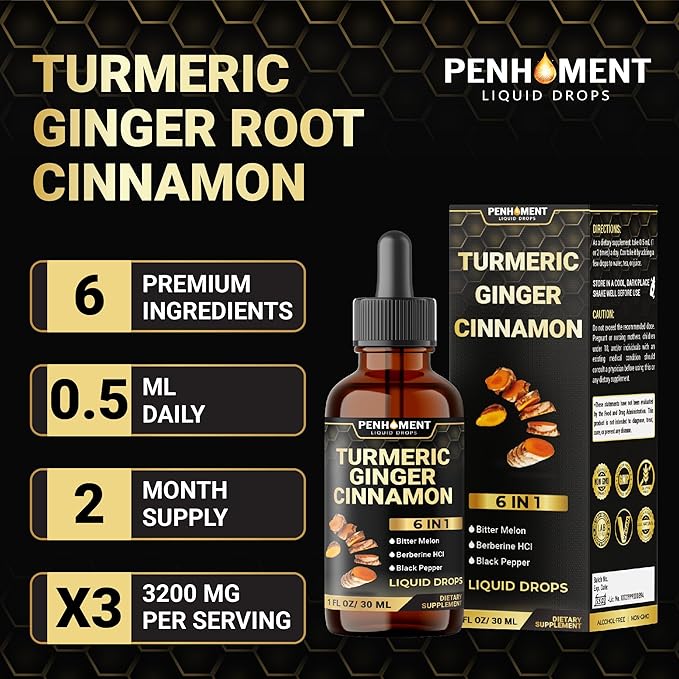 6in1 Liquid Turmeric Ceylon Cinnamon Berberine Ginger Bitter Melon & Black Pepper – Turmeric Supplement Drops – 1 FL OZ – 60 Servings