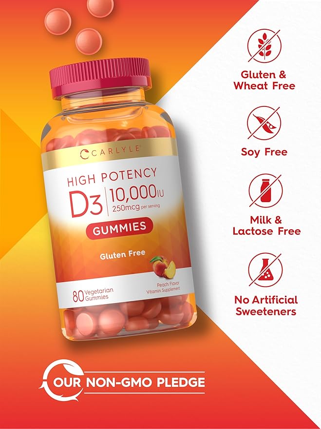 Carlyle Vitamin D3 10000iu Gummies for Adults | 80 Count | Peach Flavored Gummy | High Potency for Women & Men | Vegetarian, Non-GMO, Gluten Free Supplement