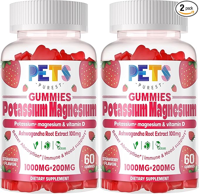 Potassium Magnesium Gummies - High Absorption Magnesium Glycinate & Potassium Citrate Plus Omega 3, B6, D3, K2 & Calcium - Chewable Gummy for Leg Cramps, Immunity & Energy Strawberry 120 Gummies