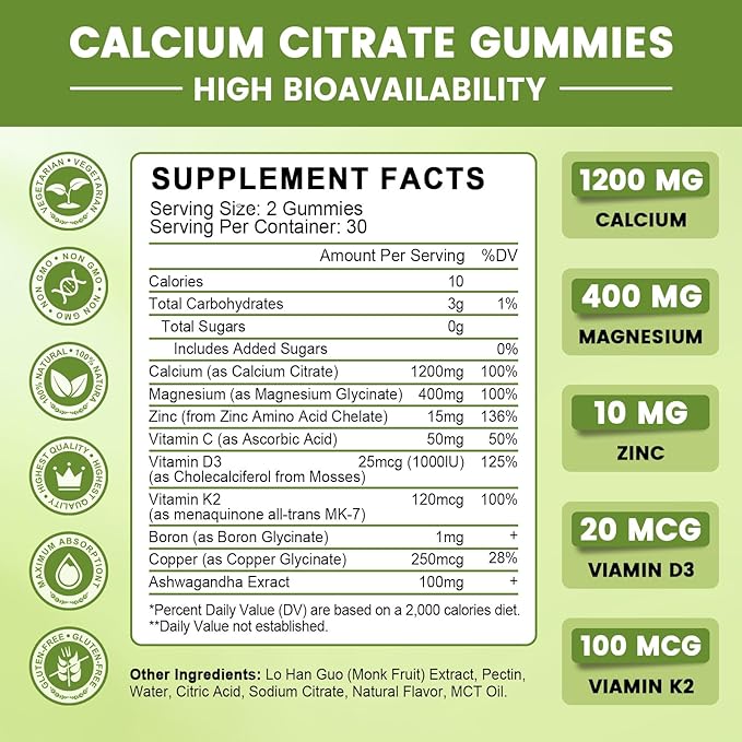 Calcium Citrate Gummies for Women, 1200mg Calcium Citrate Magnesium with Vitamin C D3 K2, Absorption Calcium Supplements for Bone, Muscle, Immune, Sugar Free (120Count)