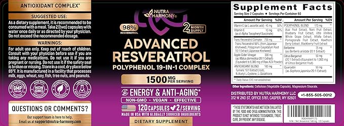 Resveratrol Supplement - 19-in-1 Organic Polyphenol Complex - Noni Extract | Berberine | Quercetin | Apple Cider Vinegar | Acai - Made in USA - Antioxidant & Heart Health Support - 120 Capsules
