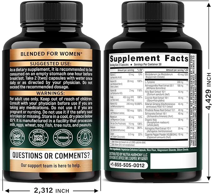 Thyroid Support for Women - Selenium 200 mcg | Astragalus | Zinc & Iodine | L-Tyrosine | Adaptogen Herbs - 21-in-1 Antioxidant & Immune Support - Made in USA - Vegan, Non-GMO, Lab Tested - 60 Capsules