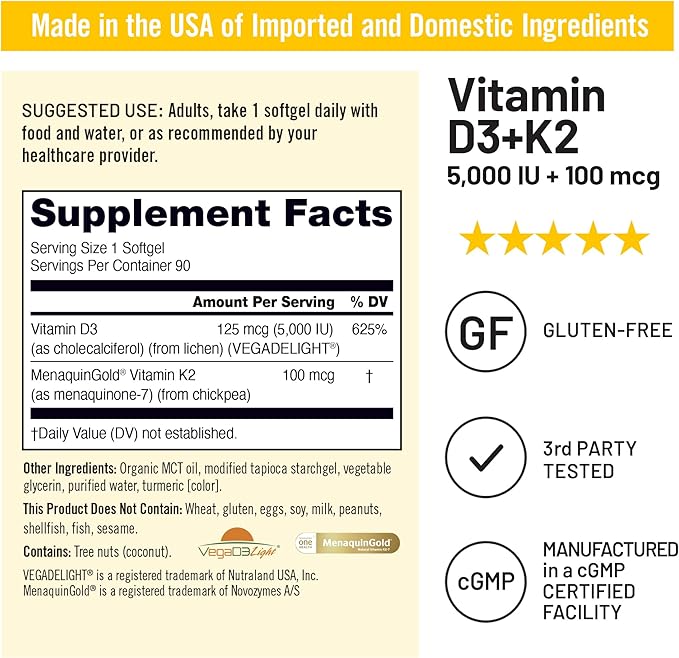 NatureWise Vegan Vitamin D3 + K2 with Organic Coconut MCT Oil - Natural D3 5000IU + Natural K2 100mcg - High Absorption Bone Support - Soy & Gluten Free - USA Manufactured - 90 Softgels[90-Day Supply]