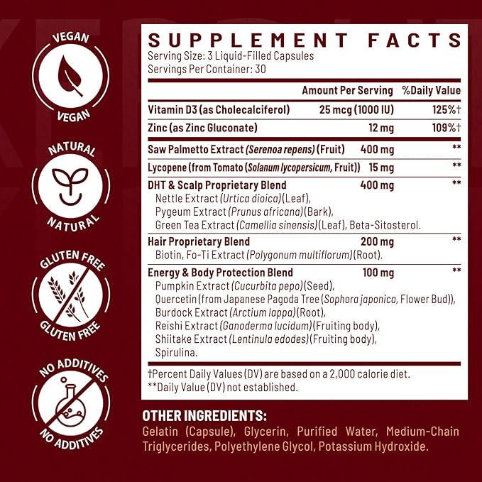 DHT Blocker for Men | Hair Growth Vitamins Supplement with Saw Palmetto & Biotin - Hair Regrowth - Natural Hair Loss Supplements Liquid-Filled - Proprietary Herbal Blends (180 Capsules)