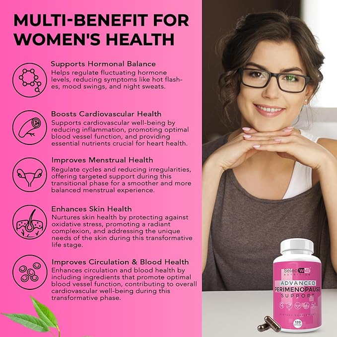 Perimenopause & Menopause Support Supplement for Women – Multi‑Symptom Relief with Black Cohosh & Red Clover Isoflavones | Ashwagandha Adaptogen & Herbal Blend | Hormone Balance Support | 120 Capsules