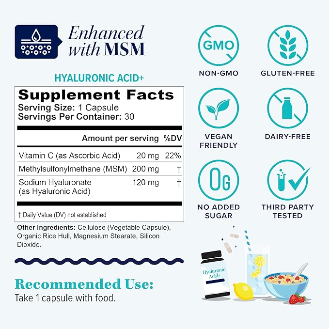 Hyaluronic Acid Capsules with MSM & Vitamin C | 120mg Sodium Hyaluronate | Skin Hydration, Elasticity & Collagen Support | Vegan, Non-GMO, Antioxidant Beauty Supplement 30 Servings