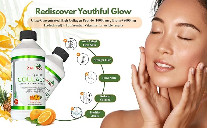 Liquid Collagen for Women & Men-Pine'O'Range Flavored Premium Grade 10000 mcg Biotin+8000 mg of Hydrolyzed Collagen for Radiant Skin Glow,Anti-Aging,Hair Growth & Nice Nails.16 fl oz-Made in USA