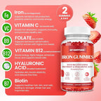 Iron Gummies for Women & Kids - Iron Supplement Gummies with Multivitamin for Blood Builder, Energy, Iron Deficiency & Anemia - Sugar Free Vegan Strawberry 60 ct