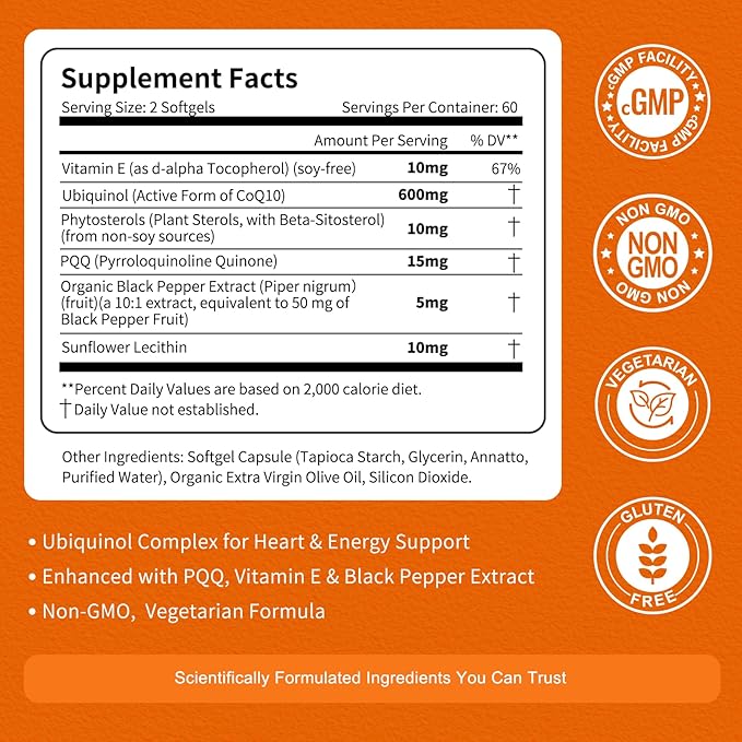 CoQ10 600 mg Softgels – Ubiquinol Coq 10 High Absorption Coenzyme Q10 & CoQ-10 Supplement for Energy, Heart & Antioxidant Support, 120 Count