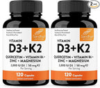 Sandhu's Vitamin D3 K2 Magnesium 2000 IU, 50mcg K2 Capsules 120 Count (Pack of 2) | with VIT B6, Zinc & Quercetin | D3K2 Supports Superior Absorption, Energy, Immune, Muscle Health for Men & Women
