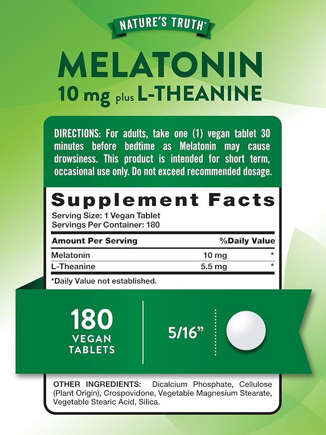 Nature's Truth Melatonin Tablets | 10mg | 180 Count | with L-Theanine | 100% Drug Free Supplement for Adults | Vegan, Non-GMO & Gluten Free