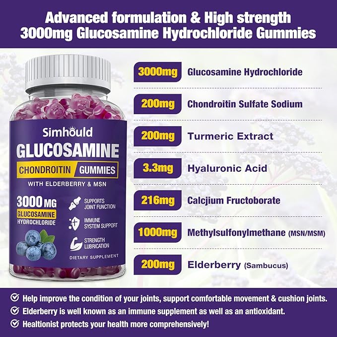 Simhould 3 Packs Glucosamine Chondroitin Gummies - 3000MG Extra Strength Joint Support Supplement with MSM & Elderberry, Flexibility, Antioxidant Immune Support Gummy for Adults, Men & Women