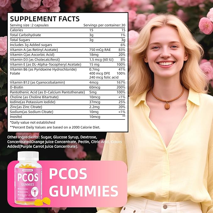 PCOS Multivitamin Gummies for Women Hormone Balance, Inositol Vitamins for Healthy Menstrual Cycle, Menopause and Mood Support, Fertility & Ovulation Reproductive Health Gummy 60 Count
