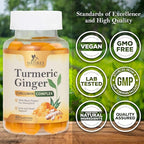 Turmeric Curcumin Supplement Gummies - 95% Curcuminoids with Turmeric & Ginger, Black Pepper for Best Absorption, Nature's Vegan Joint Support, Non-GMO, Gluten Free, Tasty Peach Flavor - 60 Gummies