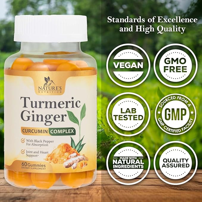Turmeric Curcumin Supplement Gummies - 95% Curcuminoids with Turmeric & Ginger, Black Pepper for Best Absorption, Nature's Vegan Joint Support, Non-GMO, Gluten Free, Tasty Peach Flavor - 60 Gummies
