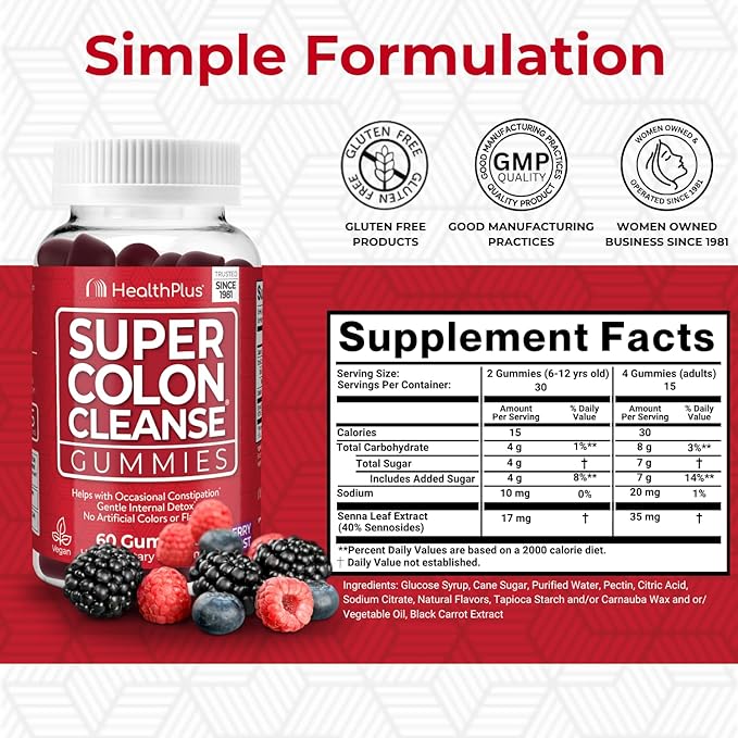 Health Plus Super Colon Cleanse Gummies Dietary Supplement, Gentle Overnight Relief from Occasional Constipation, Natural Senna Leaf Extract, Mixed Berry Flavor, 60 Count, 15 Day Cleanse