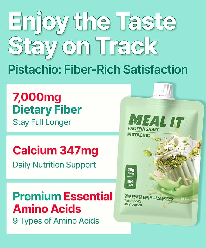 Pistachio Cookie Crunch Protein Shake, 15 g Protein & High Fiber, Low Sugar, Keto-Friendly Meal Replacement with Roasted Pistachio Pieces & Chocolate Cookie Crunch (7 Packs, 1.41 oz Each)