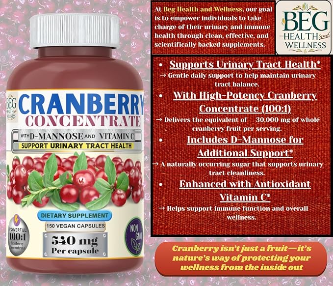 Cranberry Supplement for Women with D-Mannose & Vitamin C – Urinary Tract & Bladder Support – 150 Capsules in Premium Amber Glass Bottle, Vegan, Non-GMO