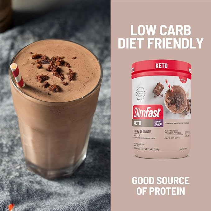 SlimFast Keto Meal Replacement Shake, Fudge Brownie Batter, Low Carb Keto Protein Powder with Collagen & Whey, No Sugar Added, Gluten Free, Weight Loss Support, 10-Serving Canister